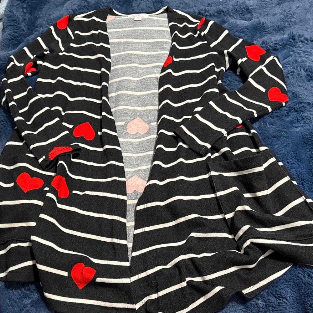 LuLaRoe Black and White Striped Blazer with Red Heart Accents
